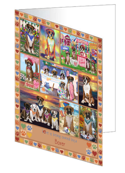 Love is Being Owned Boxer Dog Beige Handmade Artwork Assorted Pets Greeting Cards and Note Cards with Envelopes for All Occasions and Holiday Seasons GCD77240