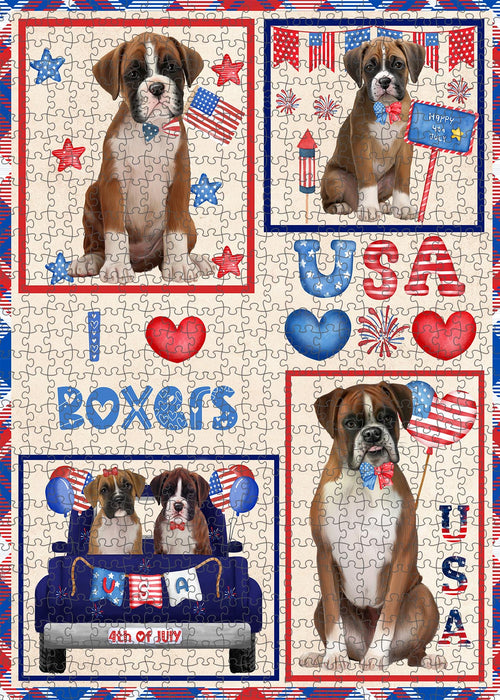 4th of July Independence Day I Love USA Boxer Dogs Portrait Jigsaw Puzzle for Adults Animal Interlocking Puzzle Game Unique Gift for Dog Lover's with Metal Tin Box