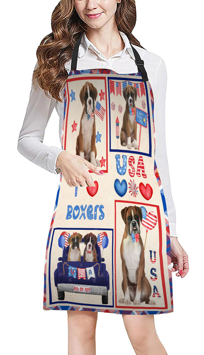 4th of July Independence Day I Love USA Boxer Dogs Apron - Adjustable Long Neck Bib for Adults - Waterproof Polyester Fabric With 2 Pockets - Chef Apron for Cooking, Dish Washing, Gardening, and Pet Grooming