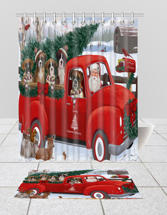 Christmas Santa Express Delivery Red Truck Boxer Dogs Bath Mat and Shower Curtain Combo
