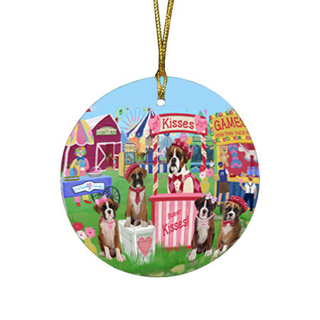 Carnival Kissing Booth Boxers Dog Round Flat Christmas Ornament RFPOR56255