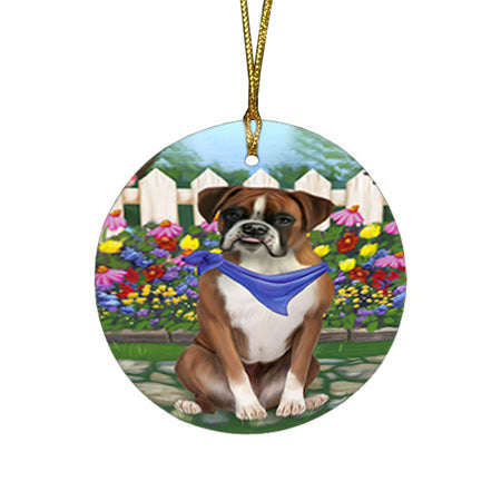Spring Floral Boxer Dog Round Flat Christmas Ornament RFPOR49799