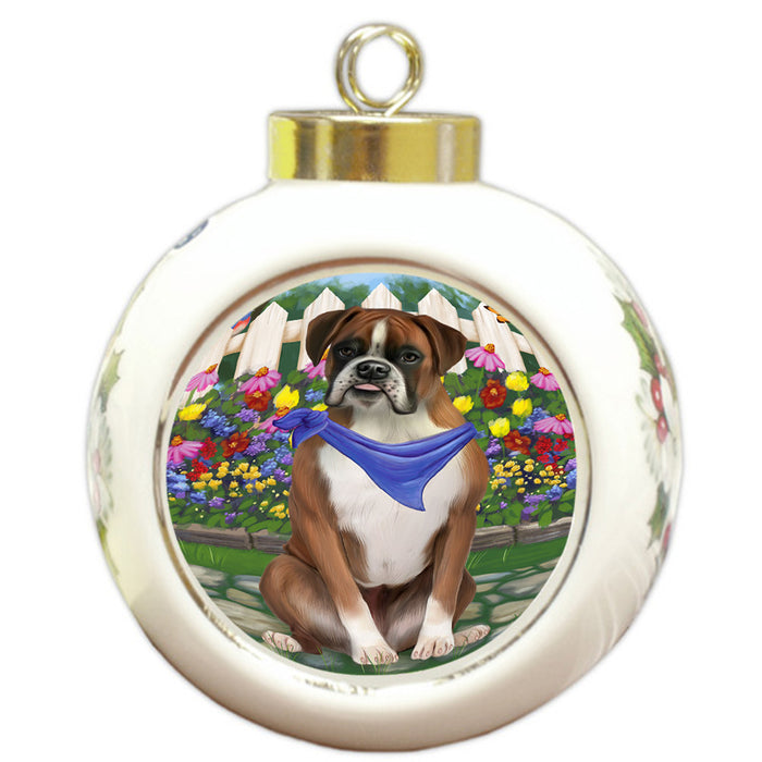 Spring Floral Boxer Dog Round Ball Christmas Ornament RBPOR49808