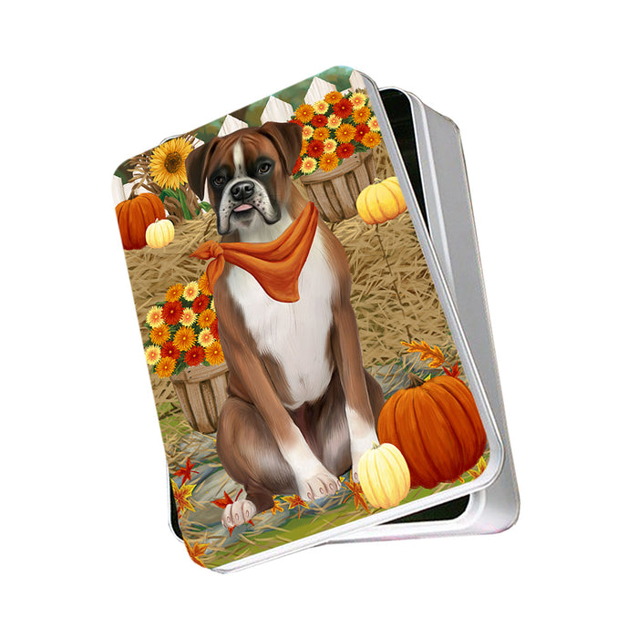 Fall Autumn Greeting Boxer Dog with Pumpkins Photo Storage Tin PITN50699