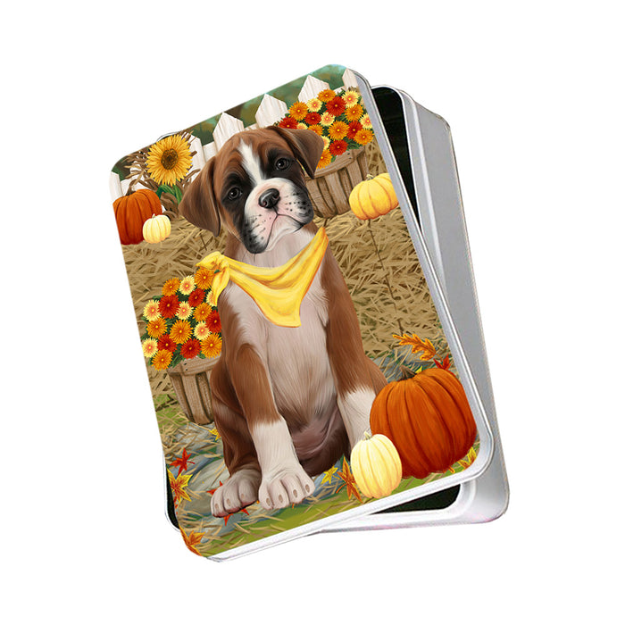 Fall Autumn Greeting Boxer Dog with Pumpkins Photo Storage Tin PITN50700