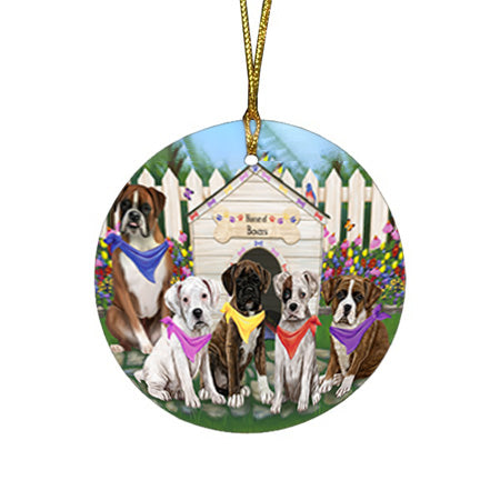 Spring Dog House Boxers Dog Round Flat Christmas Ornament RFPOR49800