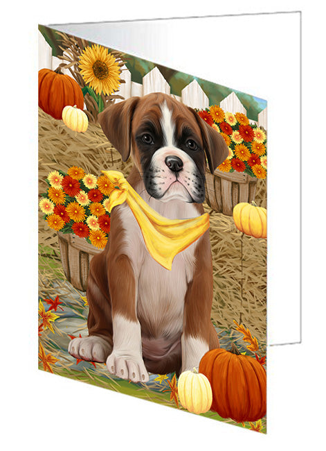 Fall Autumn Greeting Boxer Dog with Pumpkins Handmade Artwork Assorted Pets Greeting Cards and Note Cards with Envelopes for All Occasions and Holiday Seasons GCD56129
