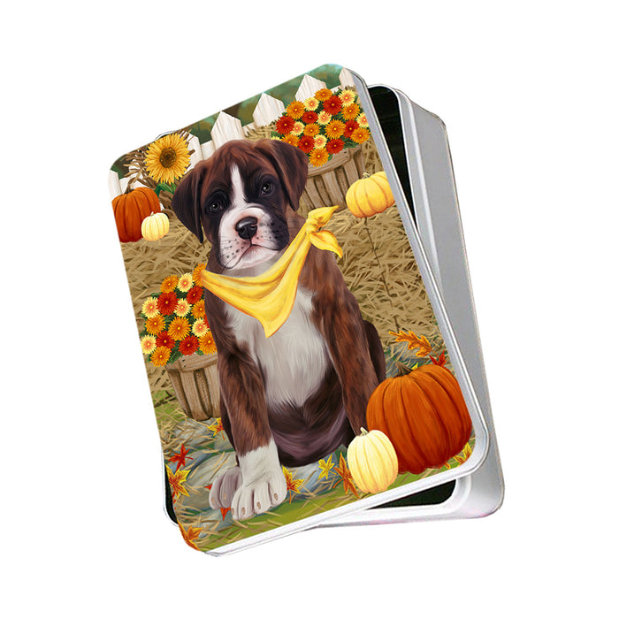 Fall Autumn Greeting Boxer Dog with Pumpkins Photo Storage Tin PITN50701