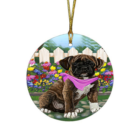 Spring Floral Boxer Dog Round Flat Christmas Ornament RFPOR49803
