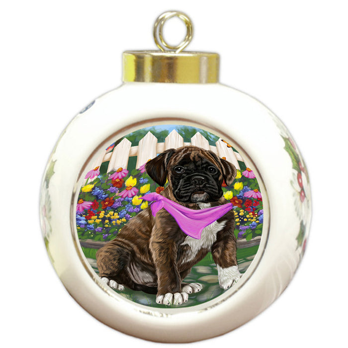 Spring Floral Boxer Dog Round Ball Christmas Ornament RBPOR49812