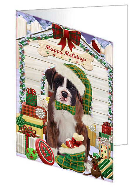 Happy Holidays Christmas Boxer Dog House with Presents Handmade Artwork Assorted Pets Greeting Cards and Note Cards with Envelopes for All Occasions and Holiday Seasons GCD58097