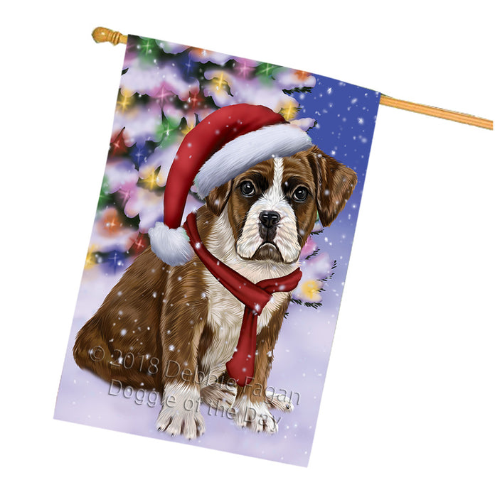 Winterland Wonderland Boxer Dog In Christmas Holiday Scenic Background  House Flag FLG53565