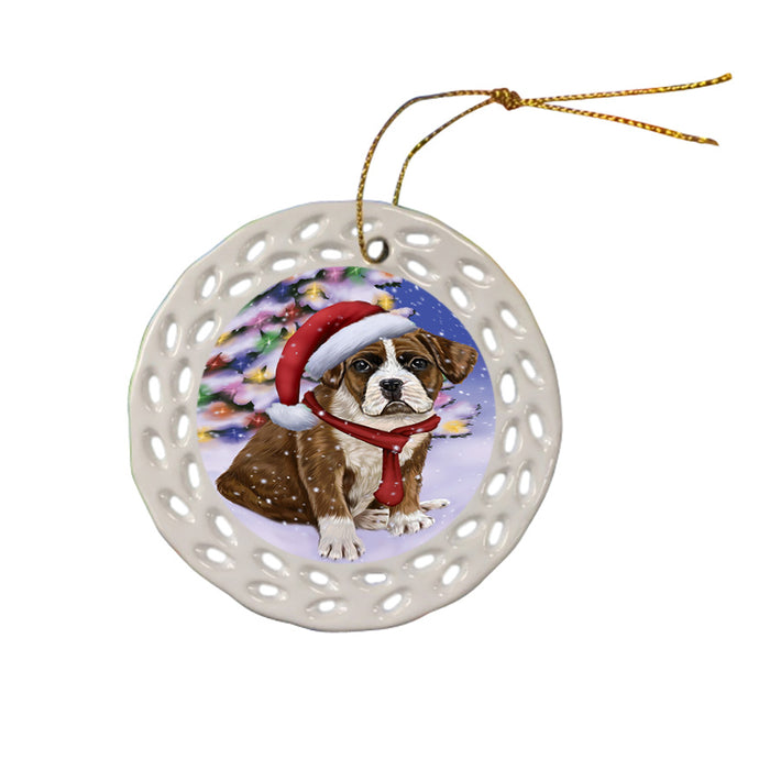 Winterland Wonderland Boxer Dog In Christmas Holiday Scenic Background  Ceramic Doily Ornament DPOR53367