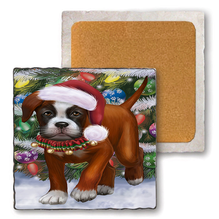 Trotting in the Snow Boxer Dog Set of 4 Natural Stone Marble Tile Coasters MCST50424