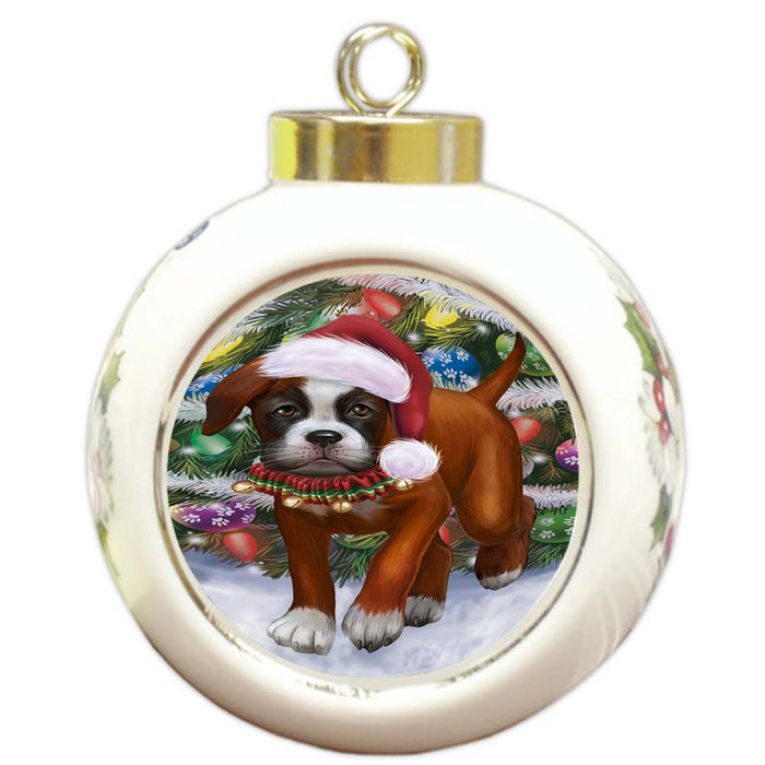 Trotting in the Snow Boxer Dog Round Ball Christmas Ornament RBPOR55780