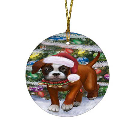 Trotting in the Snow Boxer Dog Round Flat Christmas Ornament RFPOR55780