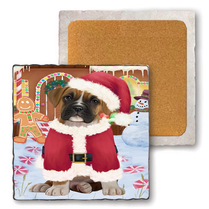 Christmas Gingerbread House Candyfest Boxer Dog Set of 4 Natural Stone Marble Tile Coasters MCST51210