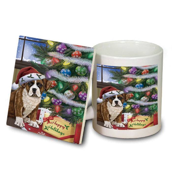 Christmas Happy Holidays Boxer Dog with Tree and Presents Mug and Coaster Set MUC53798