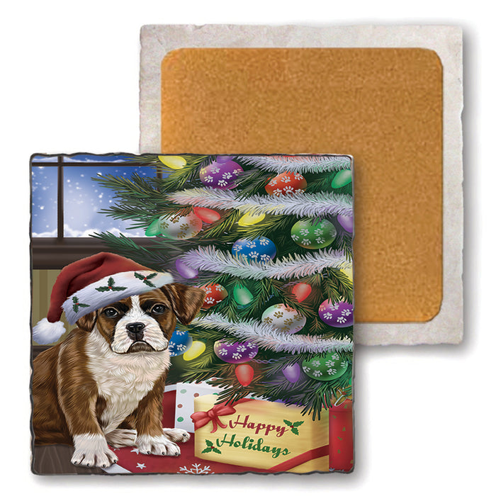 Christmas Happy Holidays Boxer Dog with Tree and Presents Set of 4 Natural Stone Marble Tile Coasters MCST48806