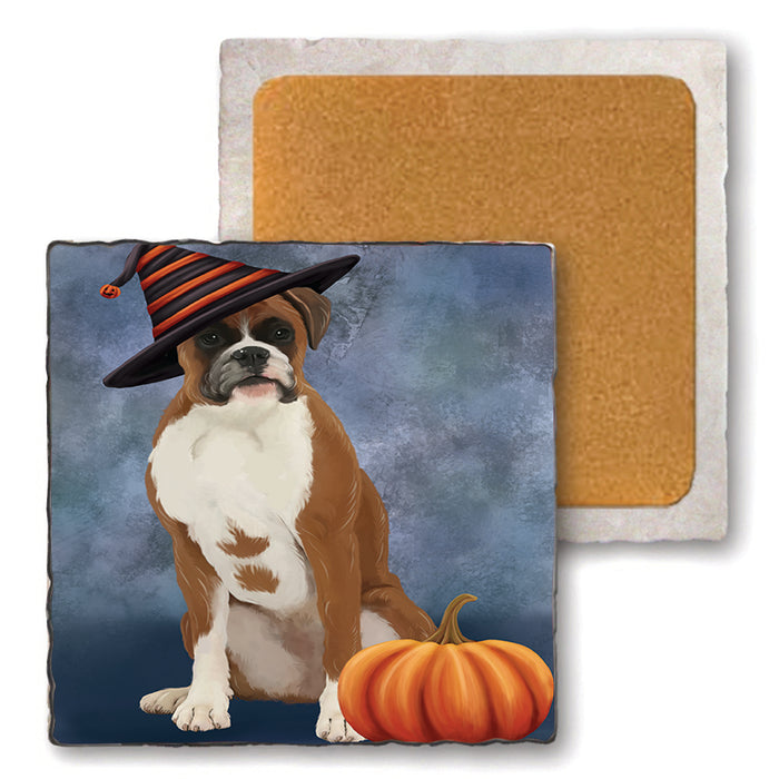Happy Halloween Boxer Dog Wearing Witch Hat with Pumpkin Set of 4 Natural Stone Marble Tile Coasters MCST49936