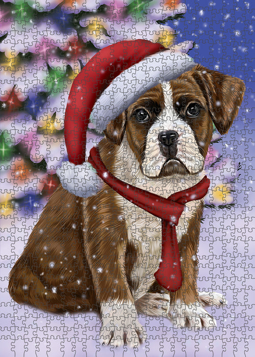 Winterland Wonderland Boxer Dog In Christmas Holiday Scenic Background Puzzle with Photo Tin PUZL80624