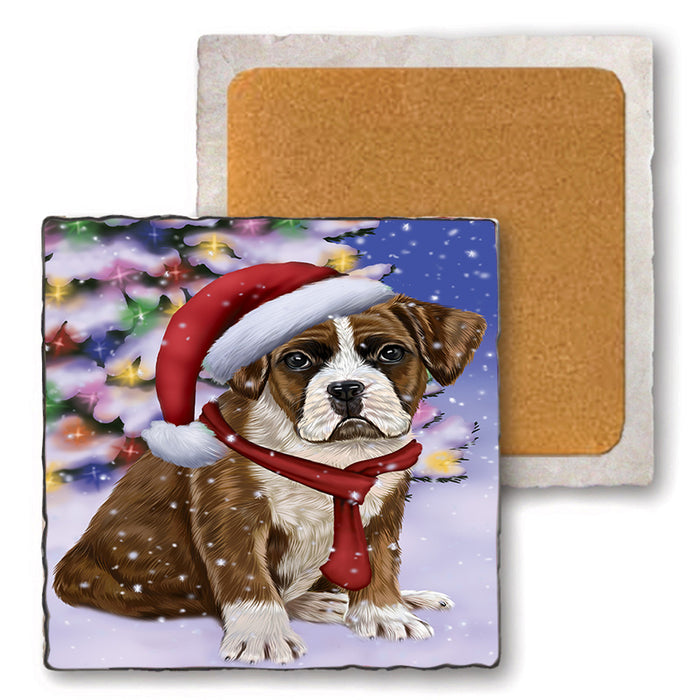 Winterland Wonderland Boxer Dog In Christmas Holiday Scenic Background  Set of 4 Natural Stone Marble Tile Coasters MCST48367
