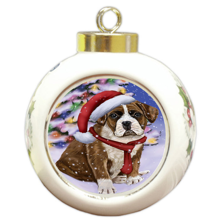 Winterland Wonderland Boxer Dog In Christmas Holiday Scenic Background  Round Ball Christmas Ornament RBPOR53367
