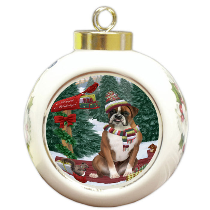 Merry Christmas Woodland Sled Boxer Dog Round Ball Christmas Ornament RBPOR55224
