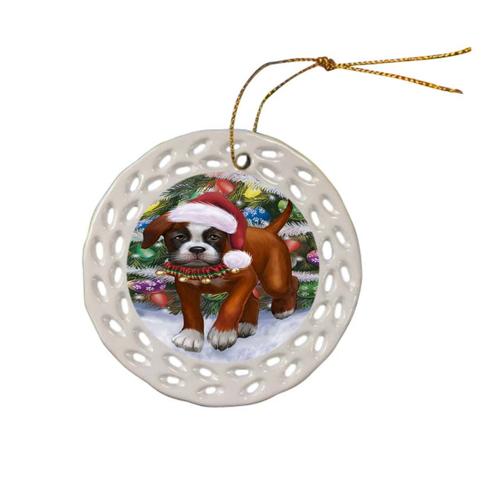 Trotting in the Snow Boxer Dog Ceramic Doily Ornament DPOR55780