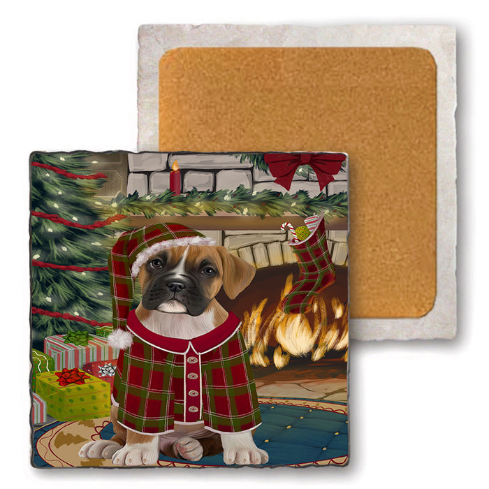 The Stocking was Hung Boxer Dog Set of 4 Natural Stone Marble Tile Coasters MCST50240