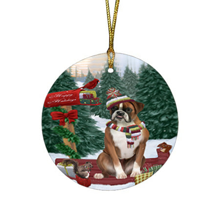 Merry Christmas Woodland Sled Boxer Dog Round Flat Christmas Ornament RFPOR55224