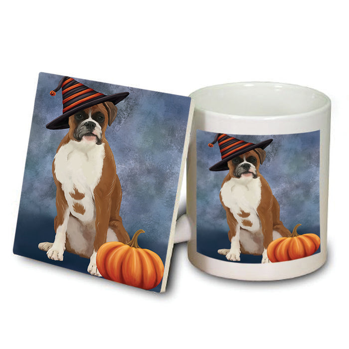 Happy Halloween Boxer Dog Wearing Witch Hat with Pumpkin Mug and Coaster Set MUC54928
