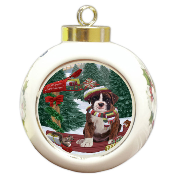 Merry Christmas Woodland Sled Boxer Dog Round Ball Christmas Ornament RBPOR55225
