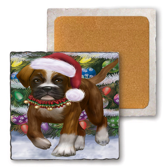 Trotting in the Snow Boxer Dog Set of 4 Natural Stone Marble Tile Coasters MCST50425