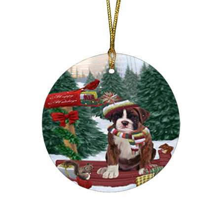 Merry Christmas Woodland Sled Boxer Dog Round Flat Christmas Ornament RFPOR55225