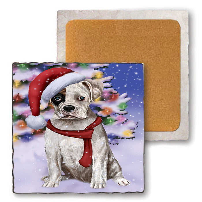 Winterland Wonderland Boxer Dog In Christmas Holiday Scenic Background  Set of 4 Natural Stone Marble Tile Coasters MCST48368
