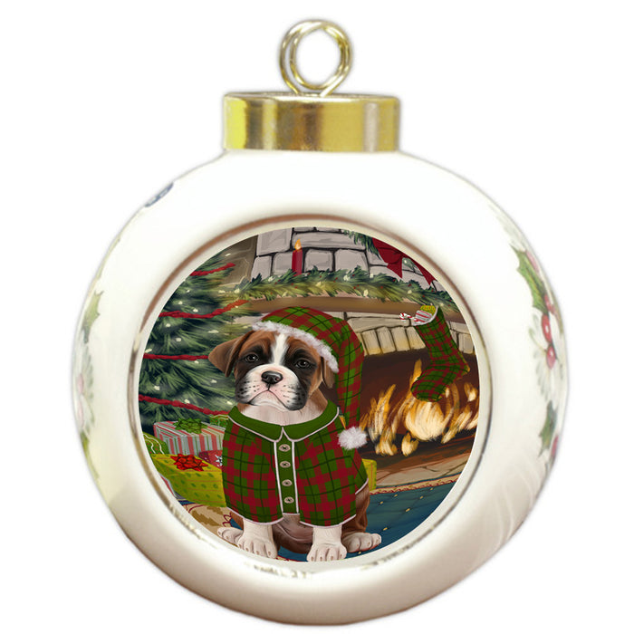 The Stocking was Hung Boxer Dog Round Ball Christmas Ornament RBPOR55597