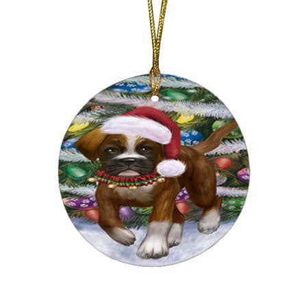 Trotting in the Snow Boxer Dog Round Flat Christmas Ornament RFPOR55781