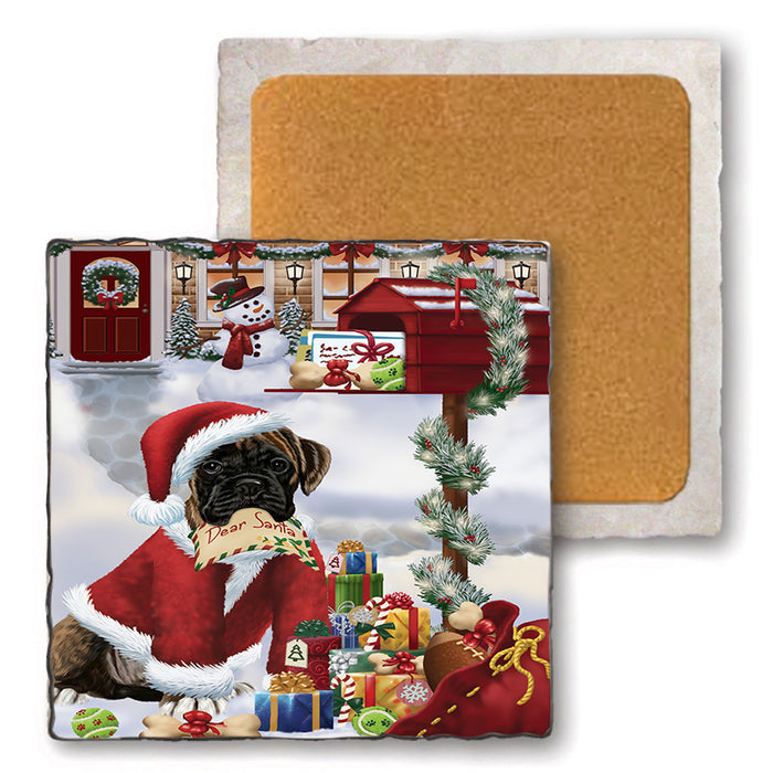 Boxer Dog Dear Santa Letter Christmas Holiday Mailbox Set of 4 Natural Stone Marble Tile Coasters MCST48877