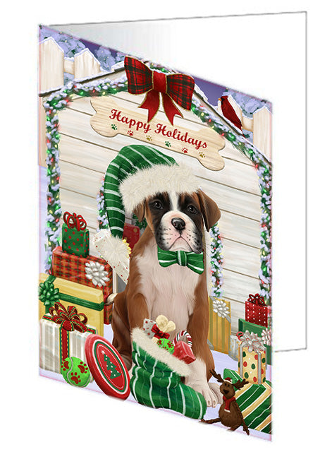 Happy Holidays Christmas Boxer Dog House with Presents Handmade Artwork Assorted Pets Greeting Cards and Note Cards with Envelopes for All Occasions and Holiday Seasons GCD58100
