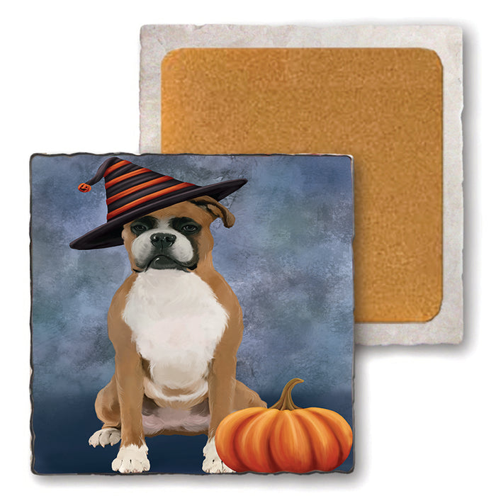 Happy Halloween Boxer Dog Wearing Witch Hat with Pumpkin Set of 4 Natural Stone Marble Tile Coasters MCST49937