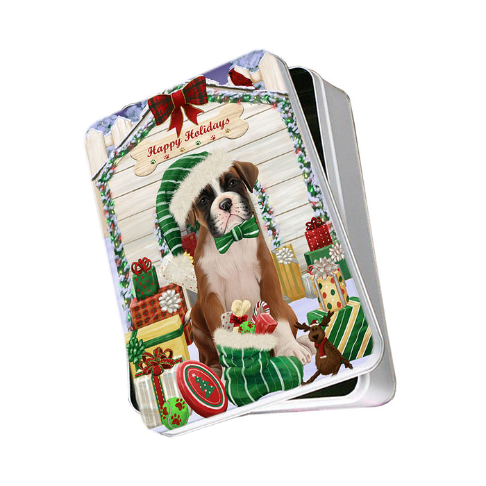 Happy Holidays Christmas Boxer Dog House with Presents Photo Storage Tin PITN51357