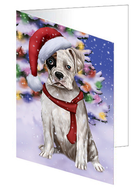 Winterland Wonderland Boxer Dog In Christmas Holiday Scenic Background  Handmade Artwork Assorted Pets Greeting Cards and Note Cards with Envelopes for All Occasions and Holiday Seasons GCD64133