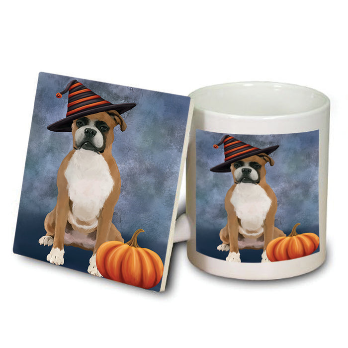 Happy Halloween Boxer Dog Wearing Witch Hat with Pumpkin Mug and Coaster Set MUC54929