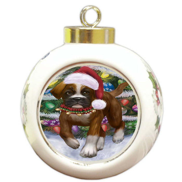 Trotting in the Snow Boxer Dog Round Ball Christmas Ornament RBPOR55781