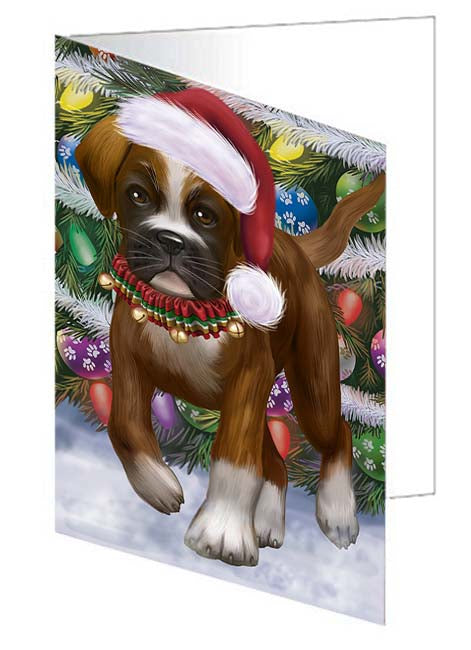 Trotting in the Snow Boxer Dog Handmade Artwork Assorted Pets Greeting Cards and Note Cards with Envelopes for All Occasions and Holiday Seasons GCD70790