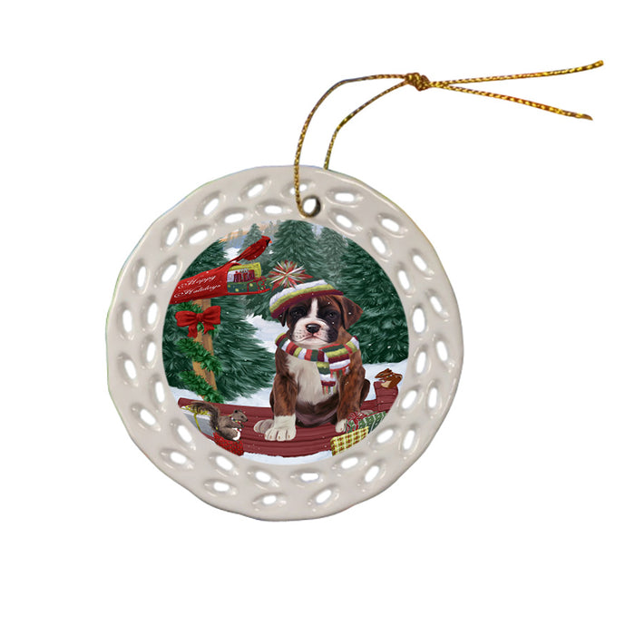 Merry Christmas Woodland Sled Boxer Dog Ceramic Doily Ornament DPOR55225