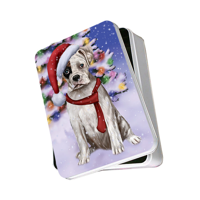 Winterland Wonderland Boxer Dog In Christmas Holiday Scenic Background Photo Storage Tin PITN53368