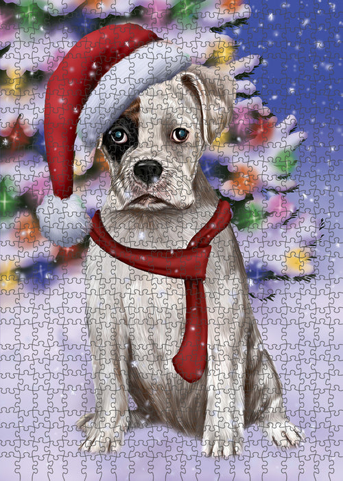 Winterland Wonderland Boxer Dog In Christmas Holiday Scenic Background Puzzle with Photo Tin PUZL80628