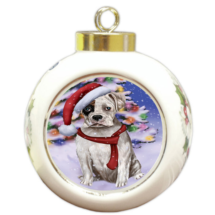 Winterland Wonderland Boxer Dog In Christmas Holiday Scenic Background  Round Ball Christmas Ornament RBPOR53368
